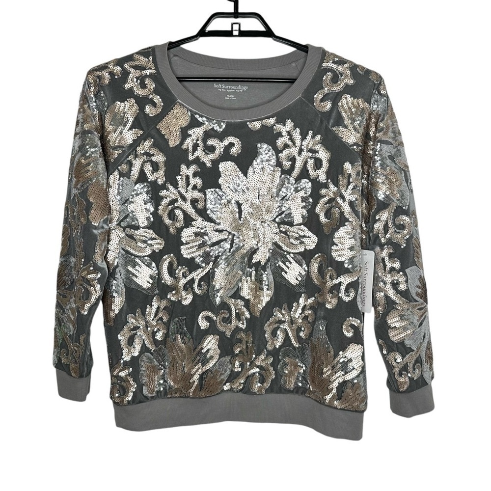 Soft Surroundings Glistening Pullover Sequin Velvet Sweater XL Gray Silver NWT